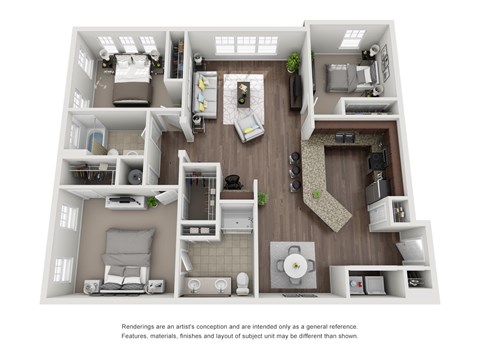 A floor plan of a two-bedroom apartment with a living room, kitchen, and bathroom.